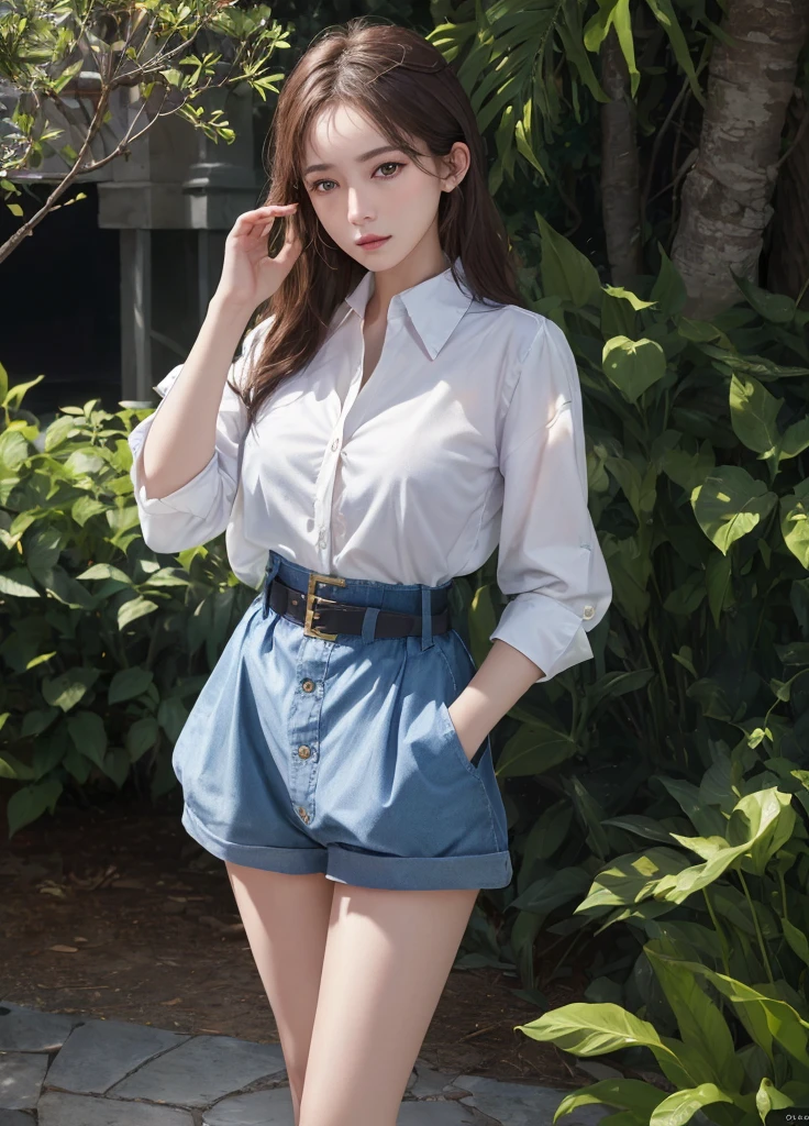 (best quality:1.2), (masterpiece:1.2), (absurdres:1.2), (detailed background), looking at viewer, (shiny skin),  outdoors, day with sunlight, standing, (wearing only a long oversized buttoned shirt:1.2), no shorts, no pants, no skirts, no panties, curious face, hand behind back, perfect eyes, highly detailed beautiful expressive eyes,  35mm photograph, film, bokeh, professional, 4k, highly detailed dynamic lighting, photorealistic, 8k, raw, rich, intricate details, key visual, vivid colors