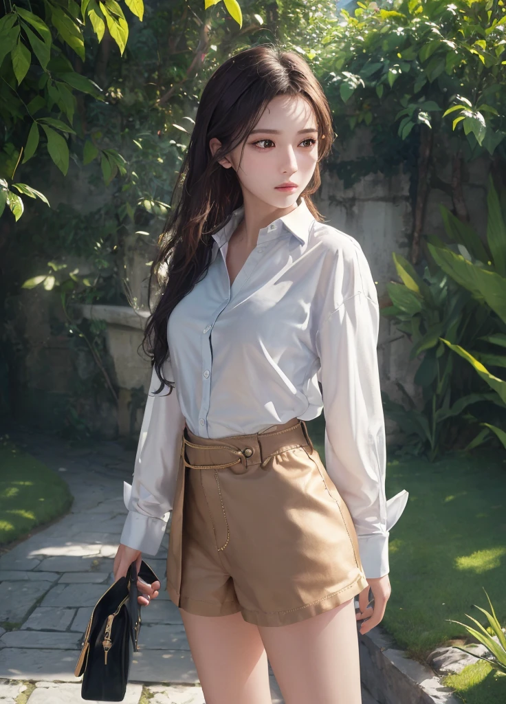 (best quality:1.2), (masterpiece:1.2), (absurdres:1.2), (detailed background), looking at viewer, (shiny skin), outdoors, day with sunlight, standing, (wearing only a long oversized buttoned shirt:1.2), no shorts, no pants, no skirts, no panties, curious face, hand behind back, perfect eyes, highly detailed beautiful expressive eyes, 35mm photograph, film, bokeh, professional, 4k, highly detailed dynamic lighting, photorealistic, 8k, raw, rich, intricate details, key visual, vivid colors
