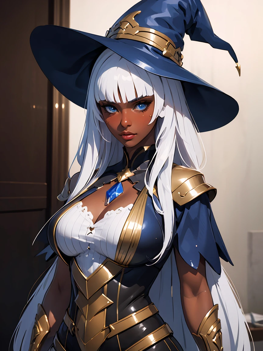 liliana 1girl, solo, long hair, looking at viewer, bangs, blue eyes, white hair, dark skin, blunt bangs, dark-skinned female, in a witch costume with a hat and a sword, concept art by Kamagurka, pixiv contest winner, fantasy art, extremely detailed artgerm, krenz cushart and artgerm, highly detailed exquisite fanart, ashe, style artgerm, artgerm. high detail, ! dream artgerm, artgerm detailed