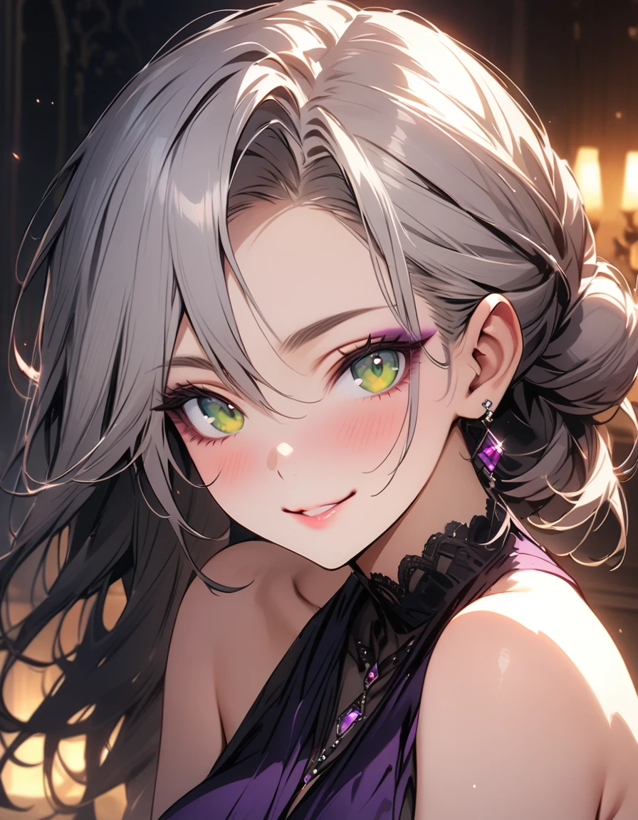(masterpiece,top quality,high quality)), ((8K wallpaper unified with high definition CG)), Solo mature woman, 35yo,
Portrait, beautiful, smile, red make up, white hair in a loose bun, two long bangs parted, exposed forehead, long
eyelashes, sultry gaze, sexy, dark purple evening gown, very large breasts, long red fingernails, MILF, curvy body, mansion background, luxery, thick thighs, green eyes, big lips, purple eyeshadow, seductive expression