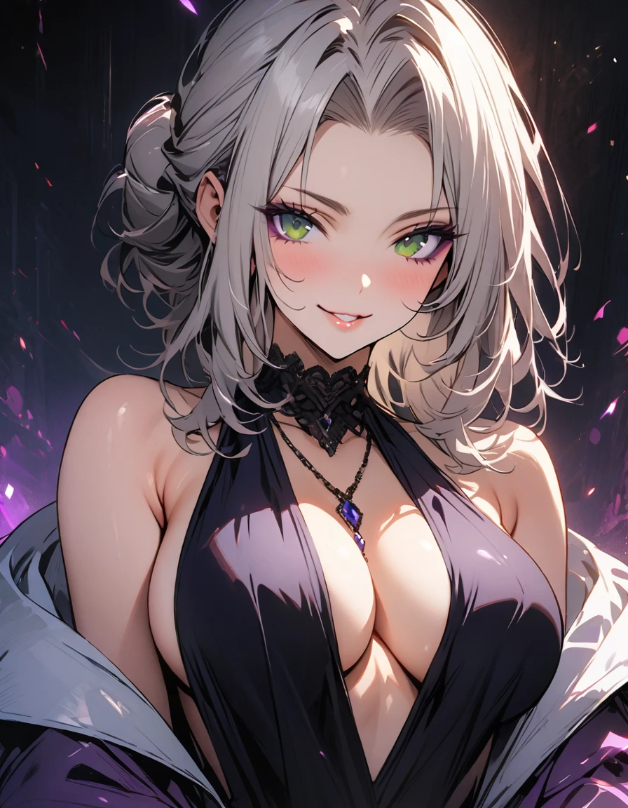 (masterpiece,top quality,high quality)), ((8K wallpaper unified with high definition CG)), Solo mature woman, 35yo,
Portrait, beautiful, smile, red make up, white hair in a loose bun, two long bangs parted, exposed forehead, long
eyelashes, sultry gaze, sexy, dark purple evening gown, very large breasts, long red fingernails, MILF, curvy body, mansion background, luxery, thick thighs, green eyes, big lips, purple eyeshadow, seductive expression