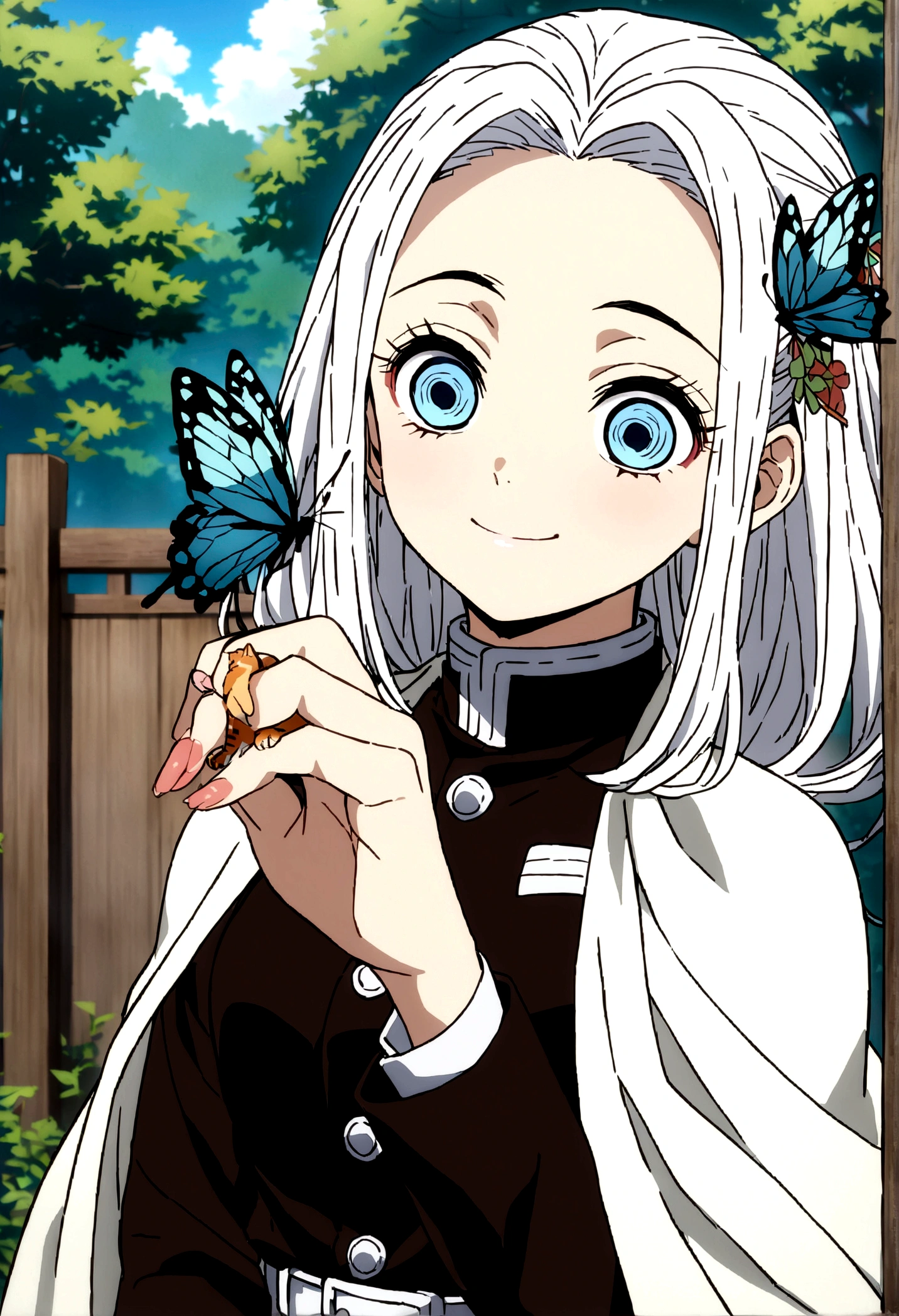 kimetsu no yaiba style, 1girl, hair ornament, butterfly, bug, demon slayer uniform, solo, blue eyes, long hair, cat on hand, smile, white hair, white cape, cape, outdoors, bangs, tree, fence, anime coloring, ((masterpiece))