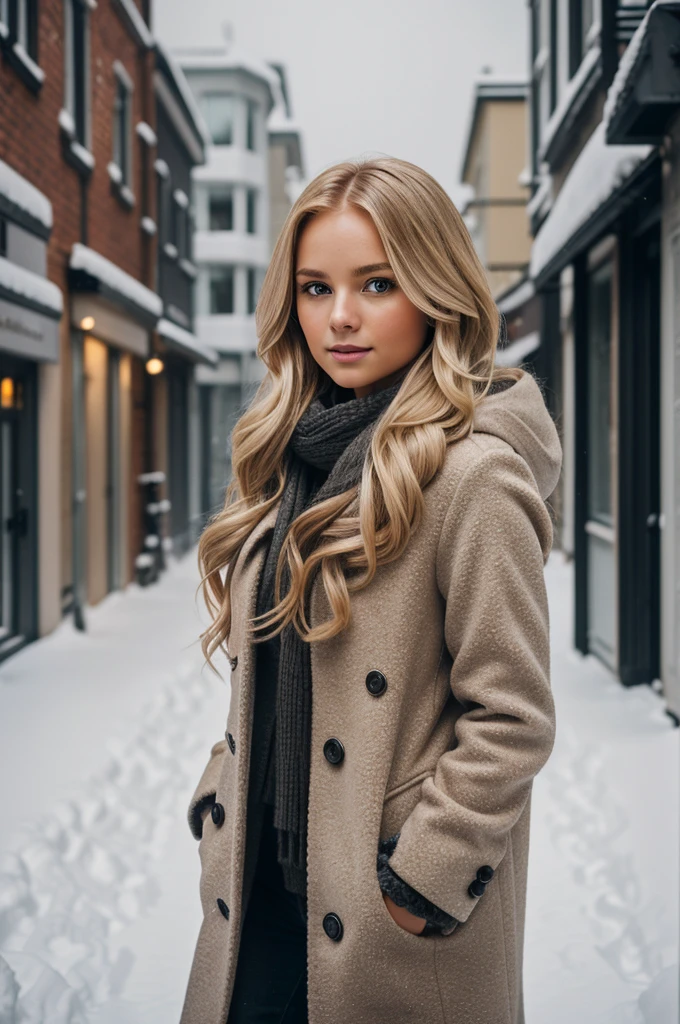 professional portrait photograph of a gorgeous Norwegian girl in winter clothing with long wavy blonde hair, sultry flirty look, gorgeous symmetrical face, cute natural makeup, wearing elegant warm winter fashion clothing, ((standing outside in snowy city street)), stunning modern urban environment, ultra realistic, concept art, elegant, highly detailed, intricate, sharp focus, depth of field, f/1. 8, 85mm, medium shot, mid shot, (((professionally color graded))), bright soft diffused light, (volumetric fog), trending on instagram, hdr 4k, 8k