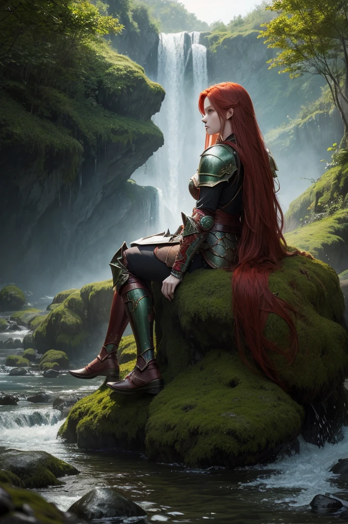 Digital illustration red-haired princess with armor sitting on a rock near a waterfall in dark fantasy style, florata dark green lighting