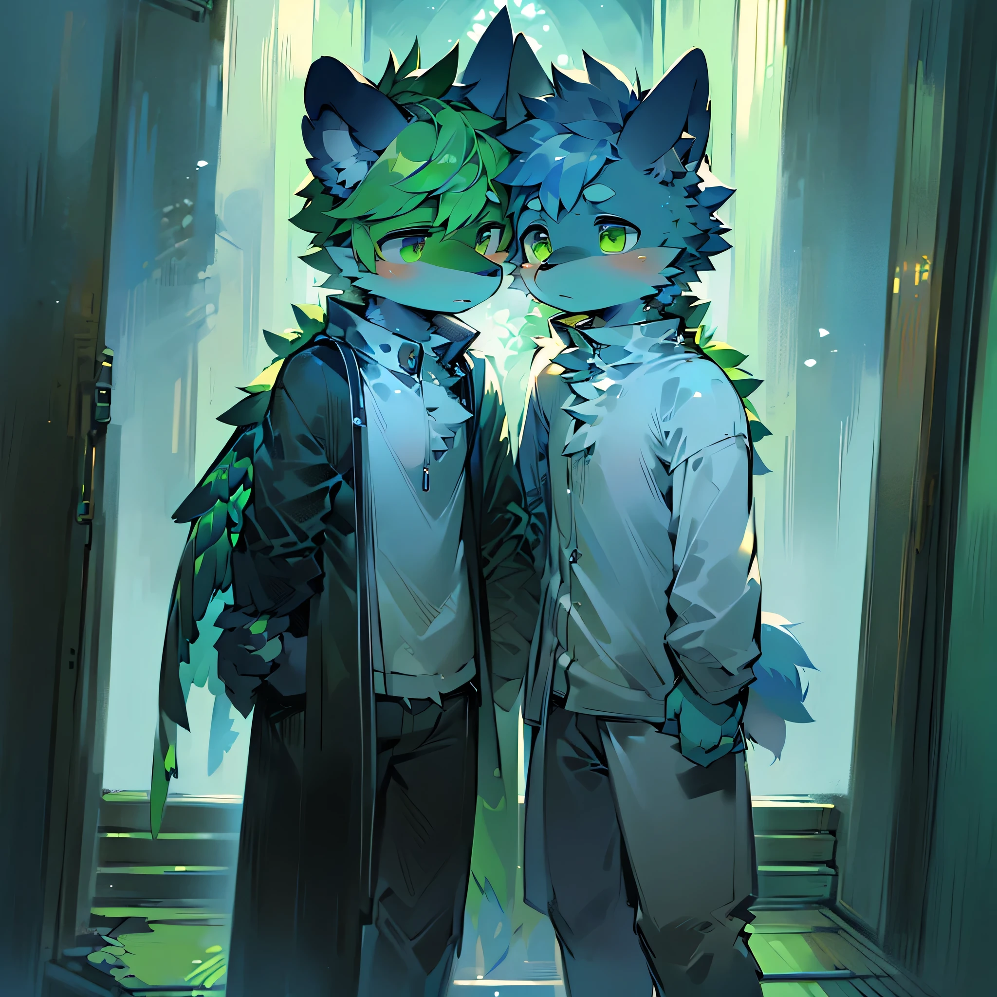 (Ultra Detailed), (masterpiece), (best quality),Light green wolf,kakapo,There is a pair of green bird wings on the back,Standing
