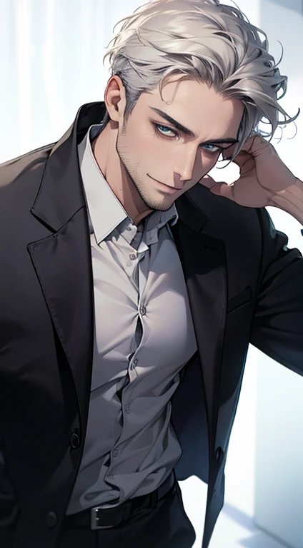 (best quality,4k,8k,highres,masterpiece:1.2),ultra-detailed,(realistic,photorealistic,photo-realistic:1.37),1 man,31 years old,mature man,very handsome,without expression,smile,short grey white hair,blue eyes,penetrating gaze,perfect face without errors,imposing posture,businessman,office background,cinematic lighting,hdr image