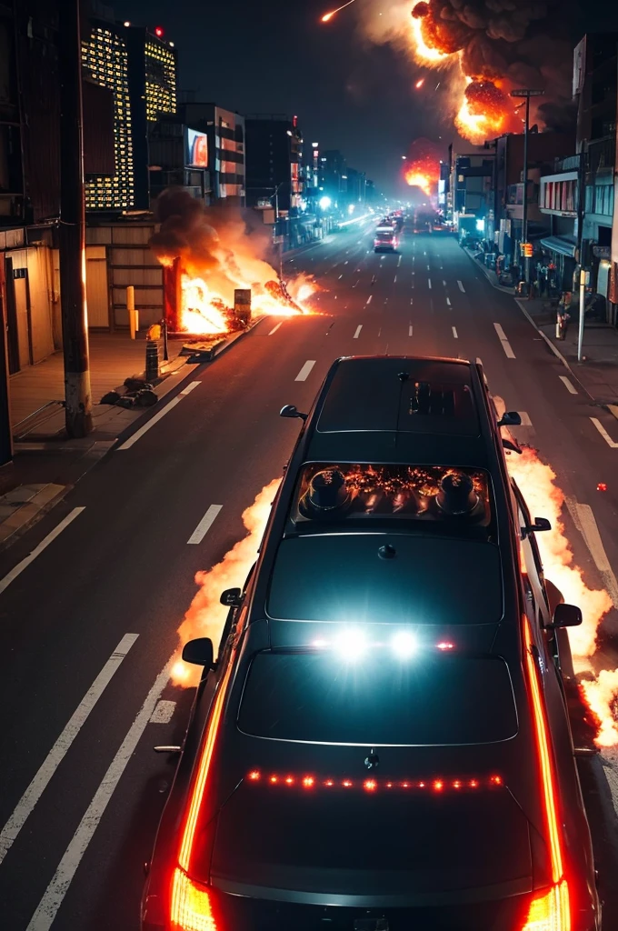 KikoruShinomiya, on top of a police car, explosions behind her, fire, chaos, minigun, far view, bullet hell, KikoruShinomiya,