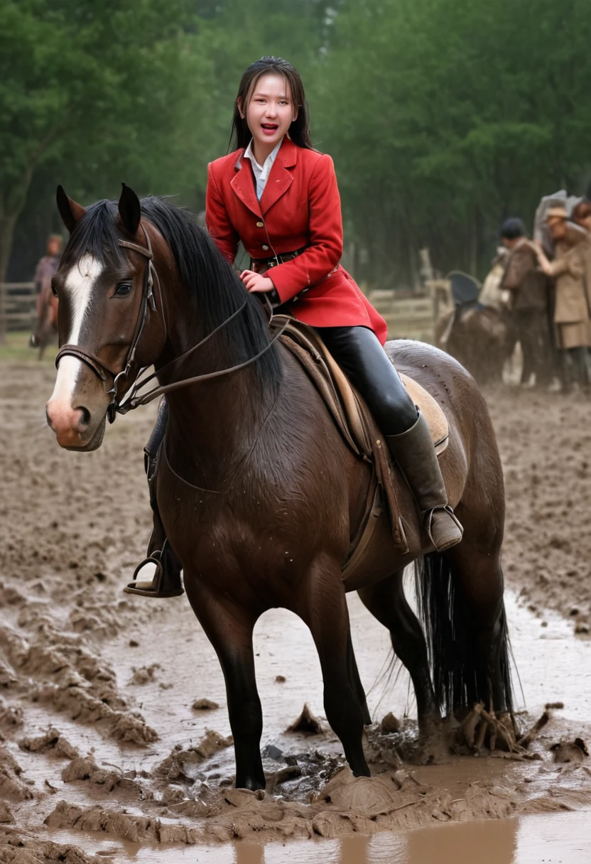 neighing horse,(((masterpiece))),(((Highest quality))),((Tabletop:1.4, Highest quality)), (Realな写真:1.4), red coat,
((1 muddy girl knight)),rodeo,Desperate,Don't make eye contact,round face,Surprised face,panish,tragedy,Pink cape and armor,
(超High resolution:1.2), wonderful, Very detailed CG Unity 8k wallpaper, Very detailed, High resolution,draft horse ridden by japanese cute girl,tight,muddy place,Beauty,The horse neighs,鎧を着たtragedyの女騎士,Sink,In the mud,Plump,
Cold Light, Beautiful detailed girl, Droopy eyes,Very detailedな目と顔, Beautiful and exquisite nose, Beautiful and exquisite, prancing draft horse ridden by a girl can't move because horse and girl soak in the sticky muddy deep pitfall:10.0 , horse falls down ,looks pained ,Surprised face:2.0,Real,Anatomically correct