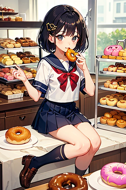 Highest quality、whole body、Black Hair、Iris、short hair、girl、cute、************、、Small hair ornament、1 person、Sailor suit、Red ribbon、Navy Pleated Skirt、Black knee-high socks、Brown Loafers、The background is a donut shop、Lots of donuts on the table、She eats a donut、Delicious look、Stuffing oneself with a donut