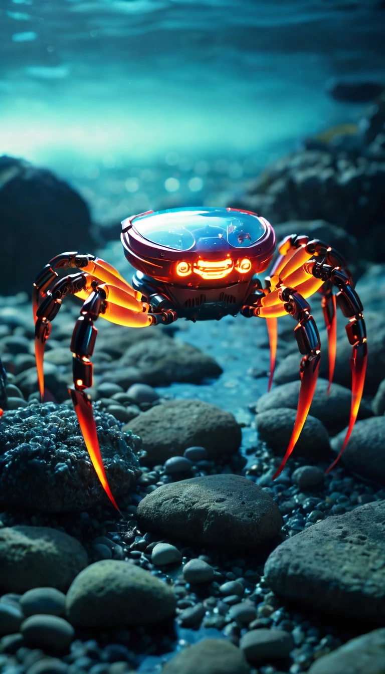 Crab robots line up on rocks at the bottom of the ocean　Translucent movie stills (Cybernetic robot crab 1.5), (Glowing Veins:1.3) (The cable enters the body, circuit:1.3), Very detailed, Vignette, Very detailed, High budget, Bokeh, Sulky, amazing, nice, Film Grain, granular