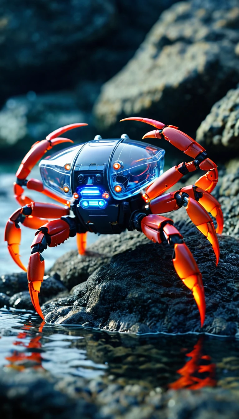 Crab robots line up on rocks at the bottom of the ocean　Translucent movie stills (Cybernetic robot crab 1.5), (Glowing Veins:1.3) (The cable enters the body, circuit:1.3), Very detailed, Vignette, Very detailed, High budget, Bokeh, Sulky, amazing, nice, Film Grain, granular