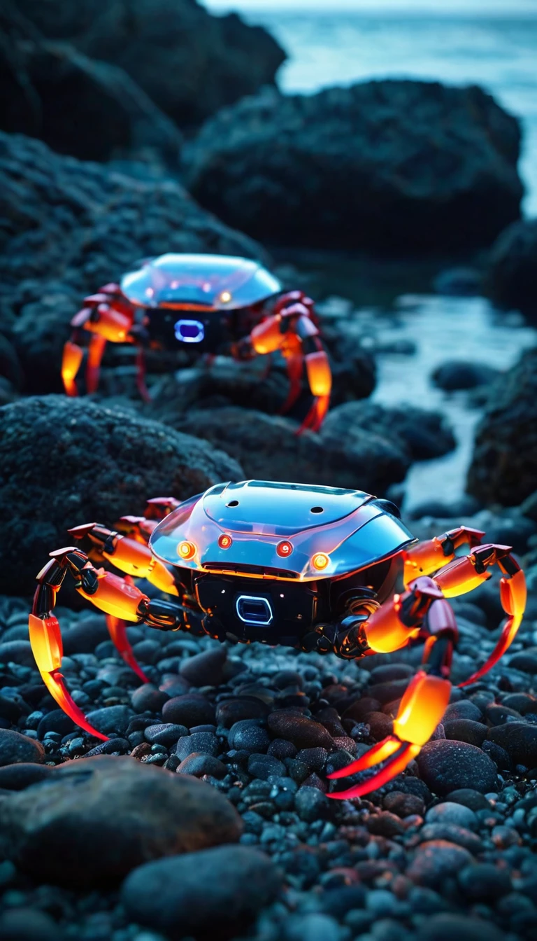 Crab robots line up on rocks at the bottom of the ocean Translucent movie stills (Cybernetic robot crab 1.5), (Glowing Veins:1.3) (The cable enters the body, circuit:1.3), Very detailed, Vignette, Very detailed, High budget, Bokeh, Sulky, amazing, nice, Film Grain, granular
