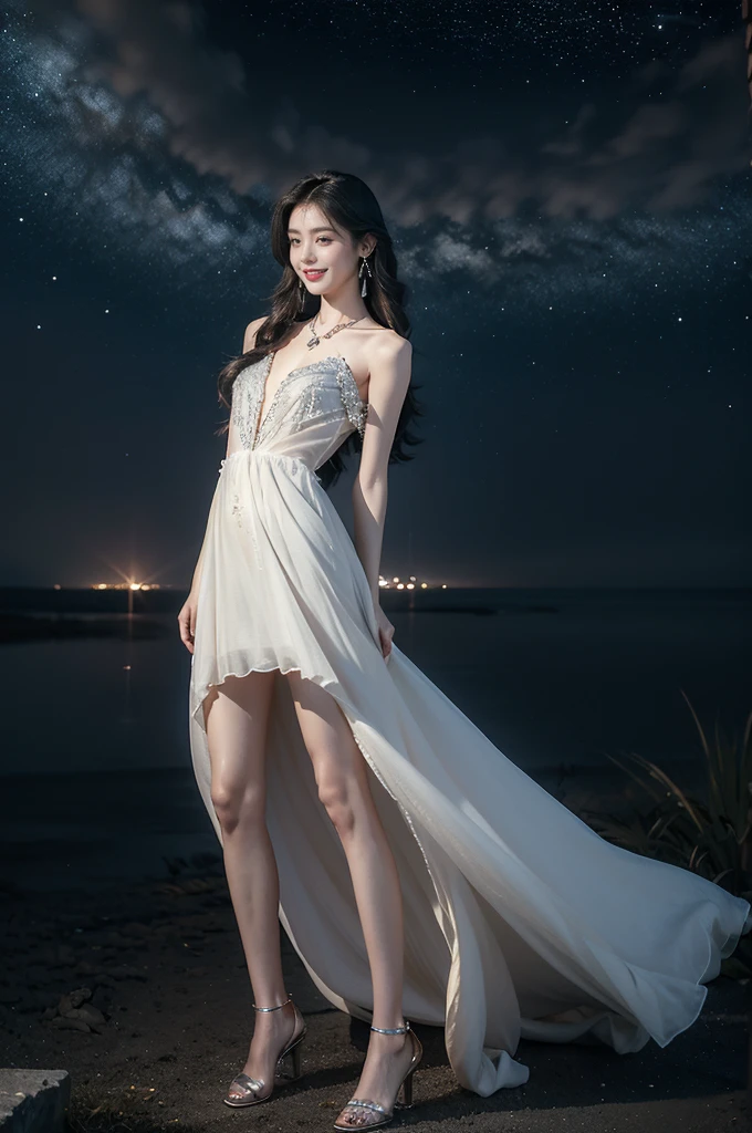 (((best quality))),(((ultra detailed))),(((masterpiece))),illustration,((A beautiful female astrologer,solo)),((slim,thin)),((small breasts,flat chest)),((shoulder length straight hair)),(laughing:1.2),(earrings,necklace),(sparkled sheer shirt-dress:1.3),(slender legs),standing beneath a magical summer night, stars twinkling in the velvety darkness,starry sky, sapphire eyes filled with wonder, flowing ethereal gown mimicking the stars, silver pendant shaped like a horoscope,serene smile and captivating gaze, celestial beauty and mystery, solace and inspiration in the vast expanse of the universe,((from front,full body,arms behind back))