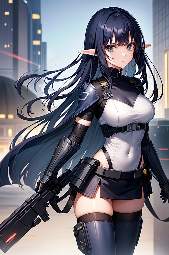 Create high quality images featuring an elf girl with dark navy blue hair and straight bangs。She is a member of the police special forces.。Aggressive pose。Aggressive facial expression。Have a lightsaber。In the background is the city inside the dome。 Next to her is a black armored vehicle.。