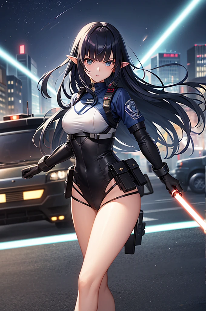 Create high quality images featuring an elf girl with dark navy blue hair and straight bangs。She is a member of the police special forces.。Aggressive pose。Aggressive facial expression。Have a lightsaber。In the background is the city inside the dome。 Next to her is a black armored vehicle.。
