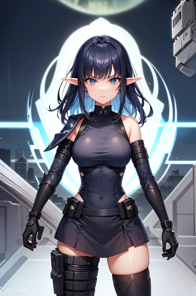 Create high quality images featuring an elf girl with dark navy blue hair and straight bangs。She is a member of the police special forces.。Aggressive pose。Aggressive facial expression。Have a lightsaber。In the background is the city inside the dome。 Next to her is a black armored vehicle.。
