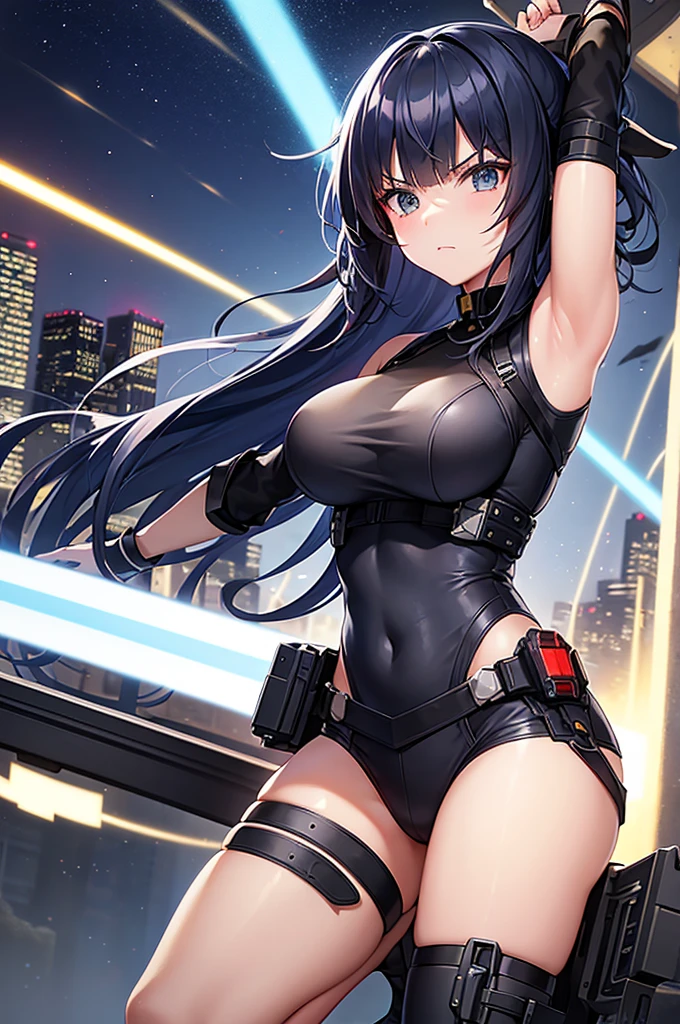 Create high quality images featuring an elf girl with dark navy blue hair and straight bangs。She is a member of the police special forces.。Aggressive pose。Aggressive facial expression。Have a lightsaber。In the background is the city inside the dome。 Next to her is a black armored vehicle.。