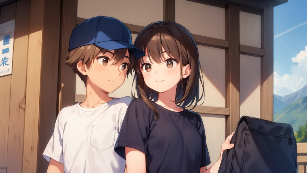 Boys and Girls,Looking at each other,Embrace,smile,blue sky,high school student,Wear a baseball cap,Brown Hair,Soft Light,Brown eyes,瞳にSoft Light,cute,2 people,uniform,At the Alps stand,Boys have short hair,