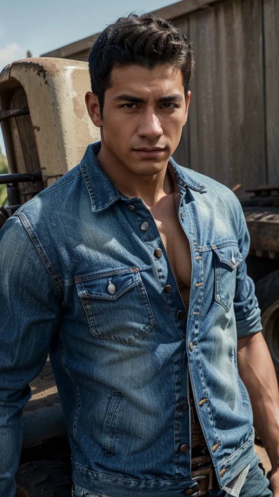arafed man leaning against a tractor with a denim jacket on, with abs, christian orrillo, fairly muscular, mid-shot of a hunky, male model, six pack, ripped, andres rios, shirtless, artem, hyung tae kim, christian cline, handsome chad chin, abs, muscular!!, six-pack, julian calle, asian male