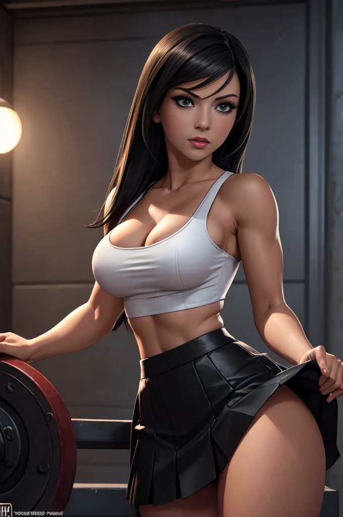 Tifa Lockheart, white crop top, short black skirt, large breasts, skindentation, cleavage, lifted skirt, black thong, skirtlift, beautiful detailed eyes, beautiful detailed lips, extremely detailed face and eyes, long eyelashes, photorealistic, 8k, high quality, extremely detailed, hyper realistic, masterpiece, realistic lighting, detailed shading, intricate details, perfect anatomy, dynamic pose, cinematic lighting