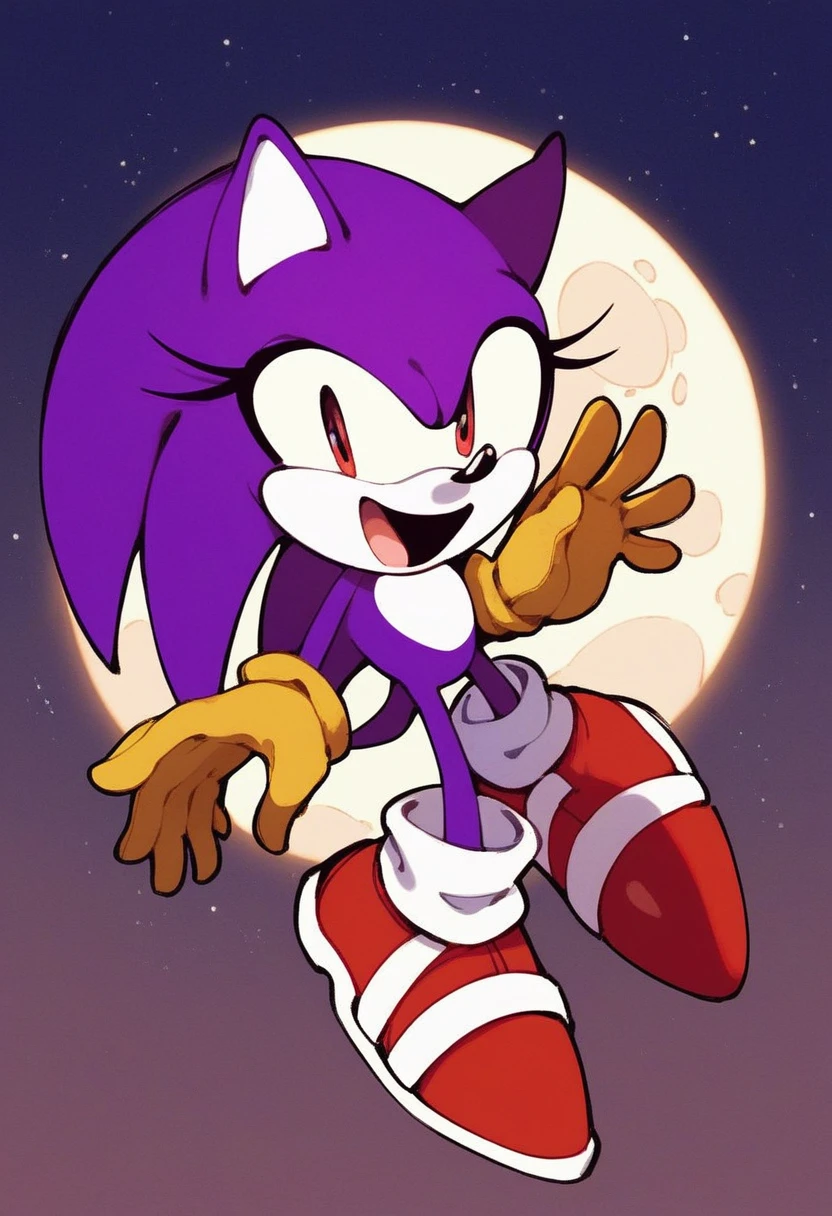 needlemouse, solo, smile, open mouth, completely black mouth 1girl, female focus, sky, no humans, night, moon, furry female, flat color, sonic the hedgehog, two-tone fur, no outlines, yellow gloves, source, purple fur, white skin, completely black eyes, red pupils, blue-ish purple fur, full body, red shoes