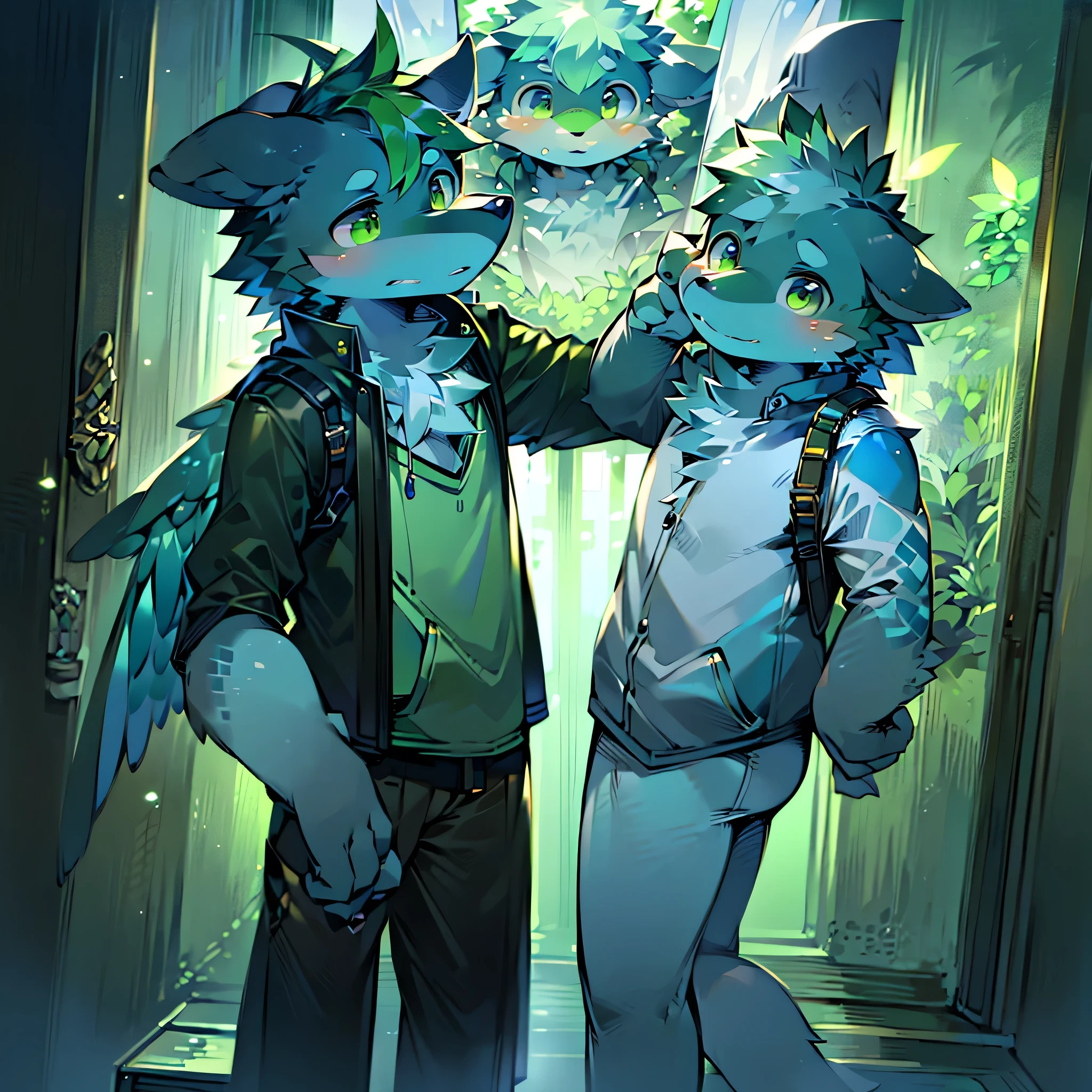 (Ultra Detailed), (masterpiece), (best quality),Light green wolf,kakapo,There is a pair of green bird wings on the back,Standing