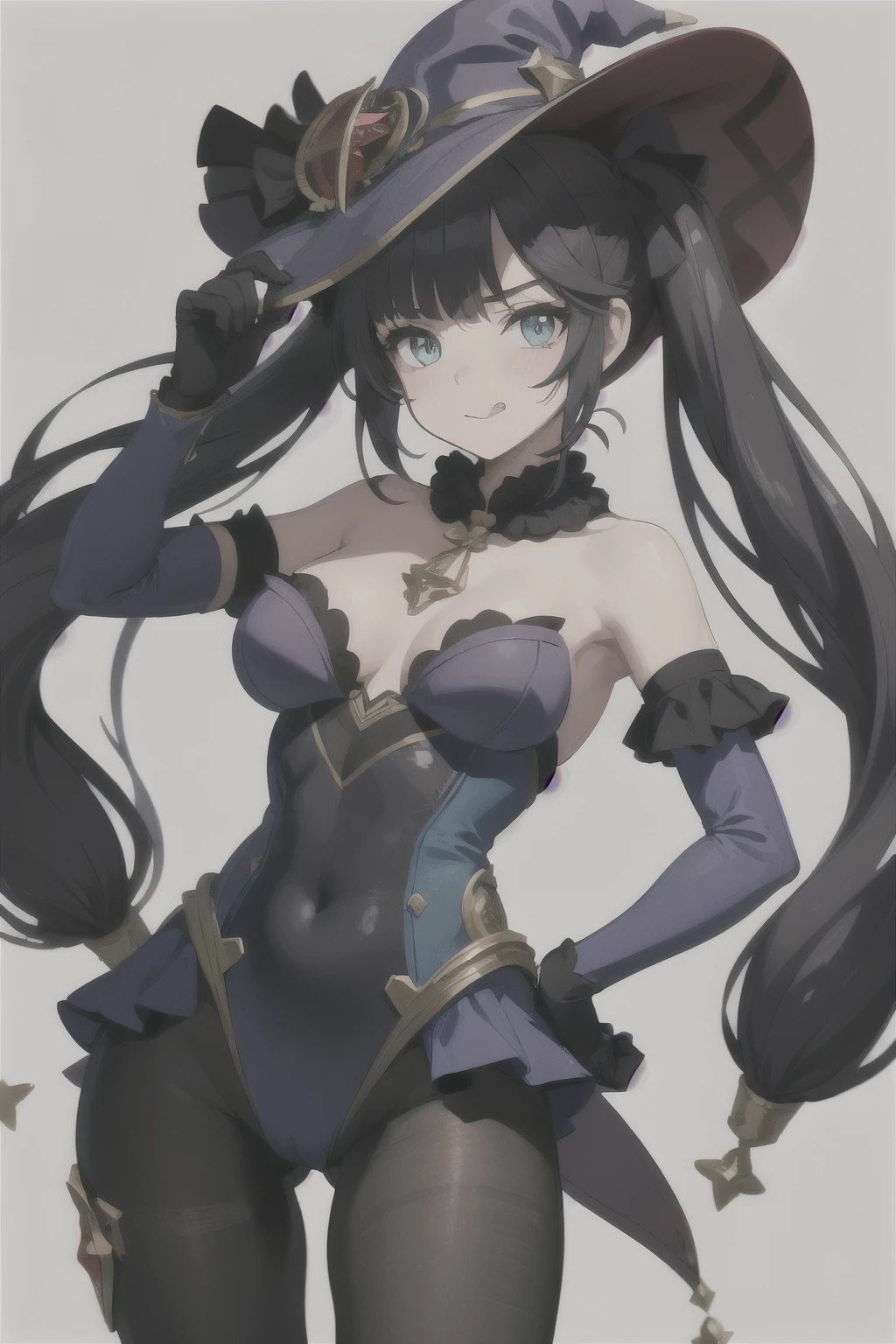 (((best quality))), ((ultra-detailed)), ((illustration)), ((disheveled hair)), ((frills)), (1 girl), (solo),  aqua eyes， armpits， bangs， black hair， black legwear ， black pantyhose， blush， breasts， clothing， female ， fine fabric emphasis， gloves， hair ornament ， hand on hip， hat， headwear， jewelry ， legwear ， leotard， long hair， looking at viewer ， medium breasts ， one arm up， pantyhose ， purple hair， :q， tied hair ， tongue ， tongue out， twintails， witch hat ，