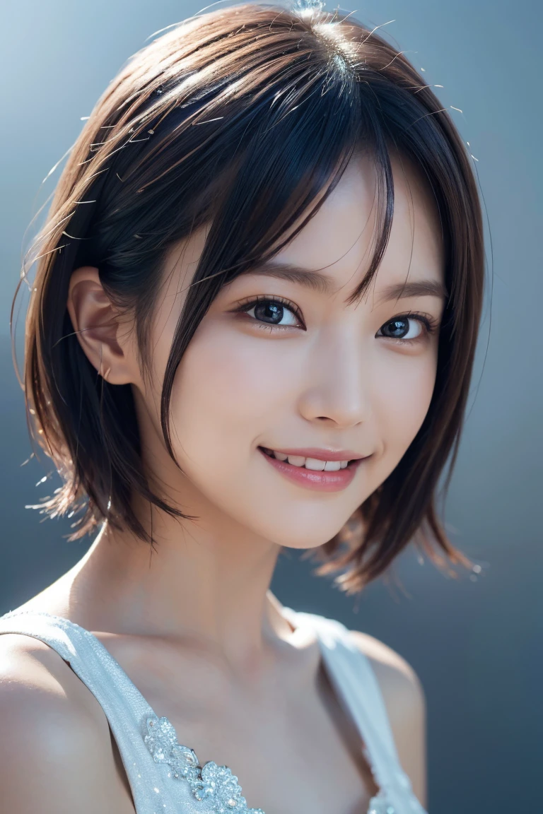 1 girl,(wearing colorful stage costume:1.2),very beautiful japanese idol portrait,close up of face,(RAW photo,best quality),(real,realistic:1.4),(masterpiece),very delicate and beautiful,very detailed,2k wallpaper,amazing,finely detailed,highly detailed CG Unity 8K wallpaper,very detailed,high resolution,soft light,beautiful detailed girl,very detailed eyes and face,beautiful refined nose,finely beautiful eyes,cinema lighting,(simple light color background:1.3),(short hair),(bob),full anatomy,slender body,small breasts,smiling
