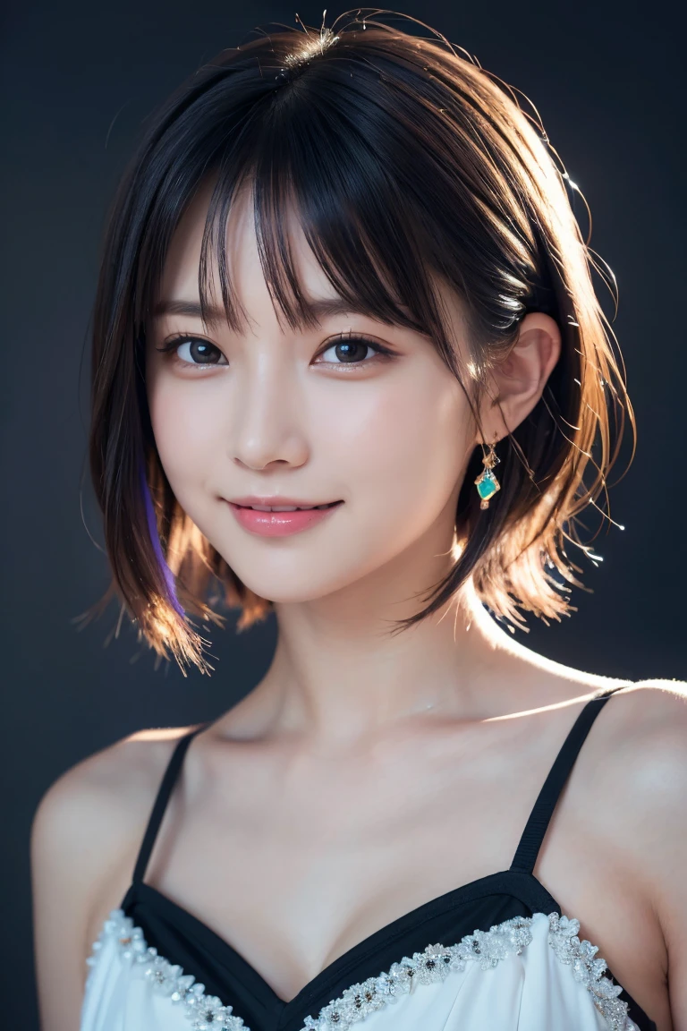 1 girl,(wearing colorful stage costume:1.2),very beautiful japanese idol portrait,close up of face,(RAW photo,best quality),(real,realistic:1.4),(masterpiece),very delicate and beautiful,very detailed,2k wallpaper,amazing,finely detailed,highly detailed CG Unity 8K wallpaper,very detailed,high resolution,soft light,beautiful detailed girl,very detailed eyes and face,beautiful refined nose,finely beautiful eyes,cinema lighting,(simple light color background:1.3),(short hair),(bob),full anatomy,slender body,small breasts,smiling,