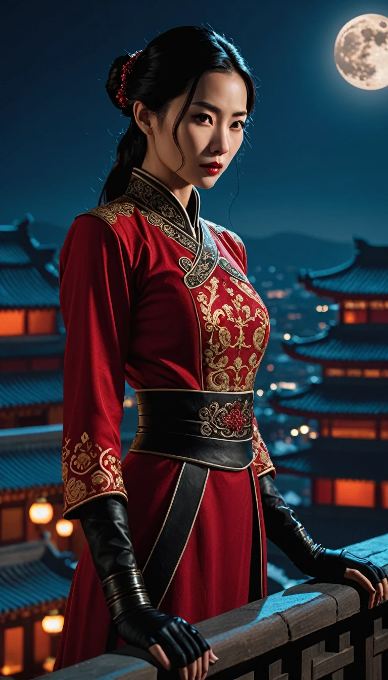 cinematic film still The enigmatic scene is bathed in a moonlit glow at night, A Chinese female assassin stands poised on a rooftop, wearing a form-fitting, midnight-black attire adorning her then toned frame with intricate crimson embroidery that shimmers when caught by the moon's soft glow, her detailed sharp eyes exude both determination and tranquility, her gloved hands, she holds a pair of slender curved daggers, bold colors and high contrast add to the dramatic effect of the scene, . shallow depth of field, vignette, highly detailed, high budget, bokeh, cinemascope, moody, epic, gorgeous, film grain, grainy,