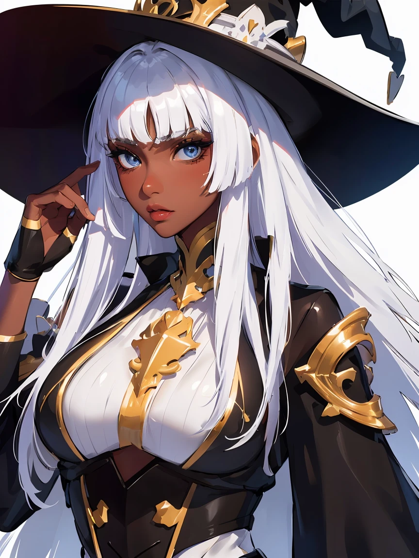 liliana 1girl, solo, long hair, looking at viewer, bangs, blue eyes, white hair, dark skin, blunt bangs, dark-skinned female, in a witch costume with a hat and a sword, concept art by Kamagurka, pixiv contest winner, fantasy art, extremely detailed artgerm, krenz cushart and artgerm, highly detailed exquisite fanart, ashe, style artgerm, artgerm. high detail, ! dream artgerm, artgerm detailed