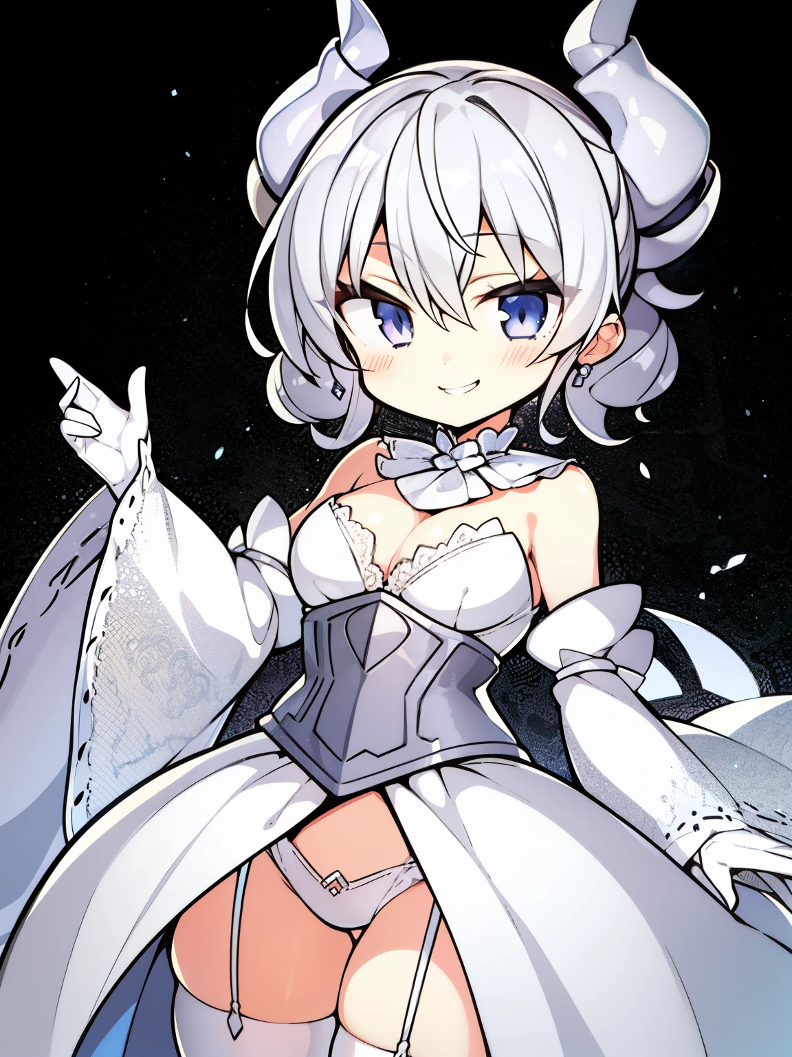 (Loli:1.2), 1 Girl, Silver Short Hair, Silvery horns,  White Dress, White Cape, bulging sleeves, White Gloves, White Stockings, Silver Corset, White long skirt, 

smile、Grin、blush、

Black Background、Simple Background、

Depth of written boundary、
((Highest quality, High resolution, Perfect Pixel, 4K)), (1 girl), (Beautiful Anime Girls), Watching the audience, Perfect body, Detailed eyes、