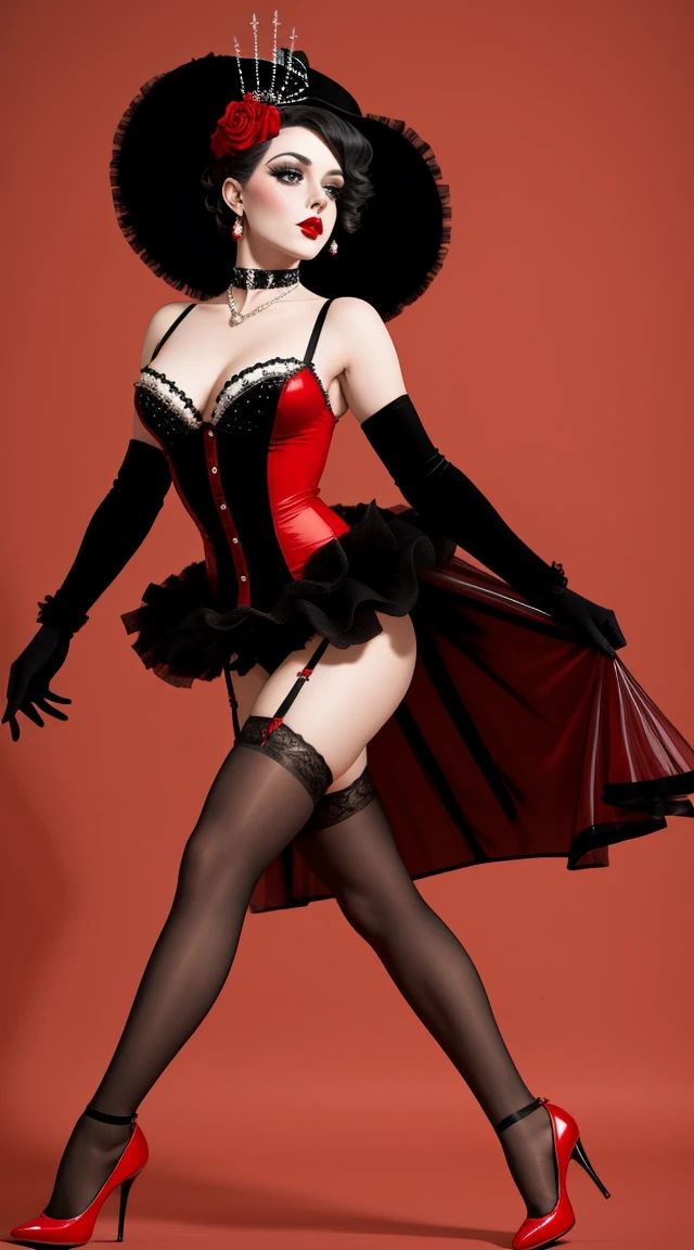 Cabaret Burlesque Woman, black and red Cabaret Burlesque Costume, black elbow gloves, very tiny dress, black stockings, garter belt, shoes, long Burlesque cigarette