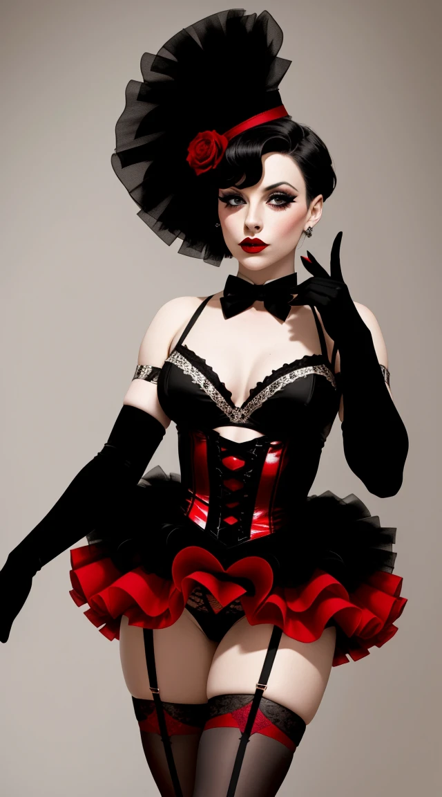 Cabaret Burlesque Woman,  black and red  Cabaret  Burlesque  Costume,  black elbow gloves,  very tiny dress,  black stockings,  garter  belt,  shoes,  long  Burlesque cigarette 