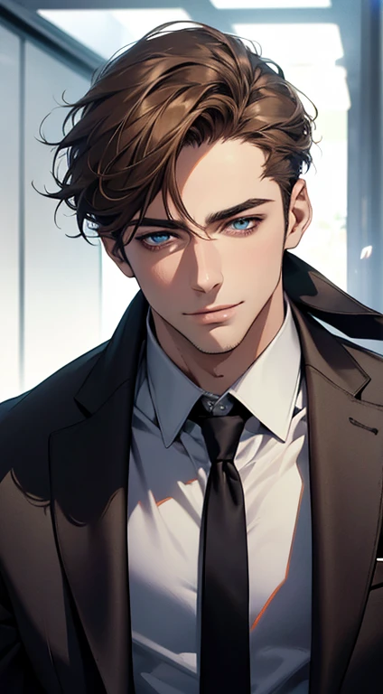 (best quality,4k,8k,highres,masterpiece:1.2),ultra-detailed,(realistic,photorealistic,photo-realistic:1.37),1 man,31 years old,mature man,very handsome,without expression,smile,short grey brown hair,blue eyes,penetrating gaze,perfect face without errors,imposing posture,businessman,office background,cinematic lighting,hdr image