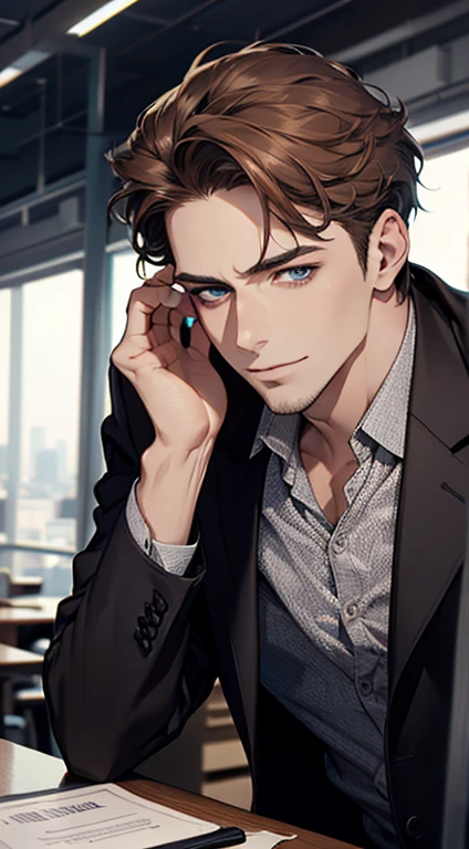 (best quality,4k,8k,highres,masterpiece:1.2),ultra-detailed,(realistic,photorealistic,photo-realistic:1.37),1 man,31 years old,mature man,very handsome,without expression,smile,short grey brown hair,blue eyes,penetrating gaze,perfect face without errors,imposing posture,businessman,office background,cinematic lighting,hdr image