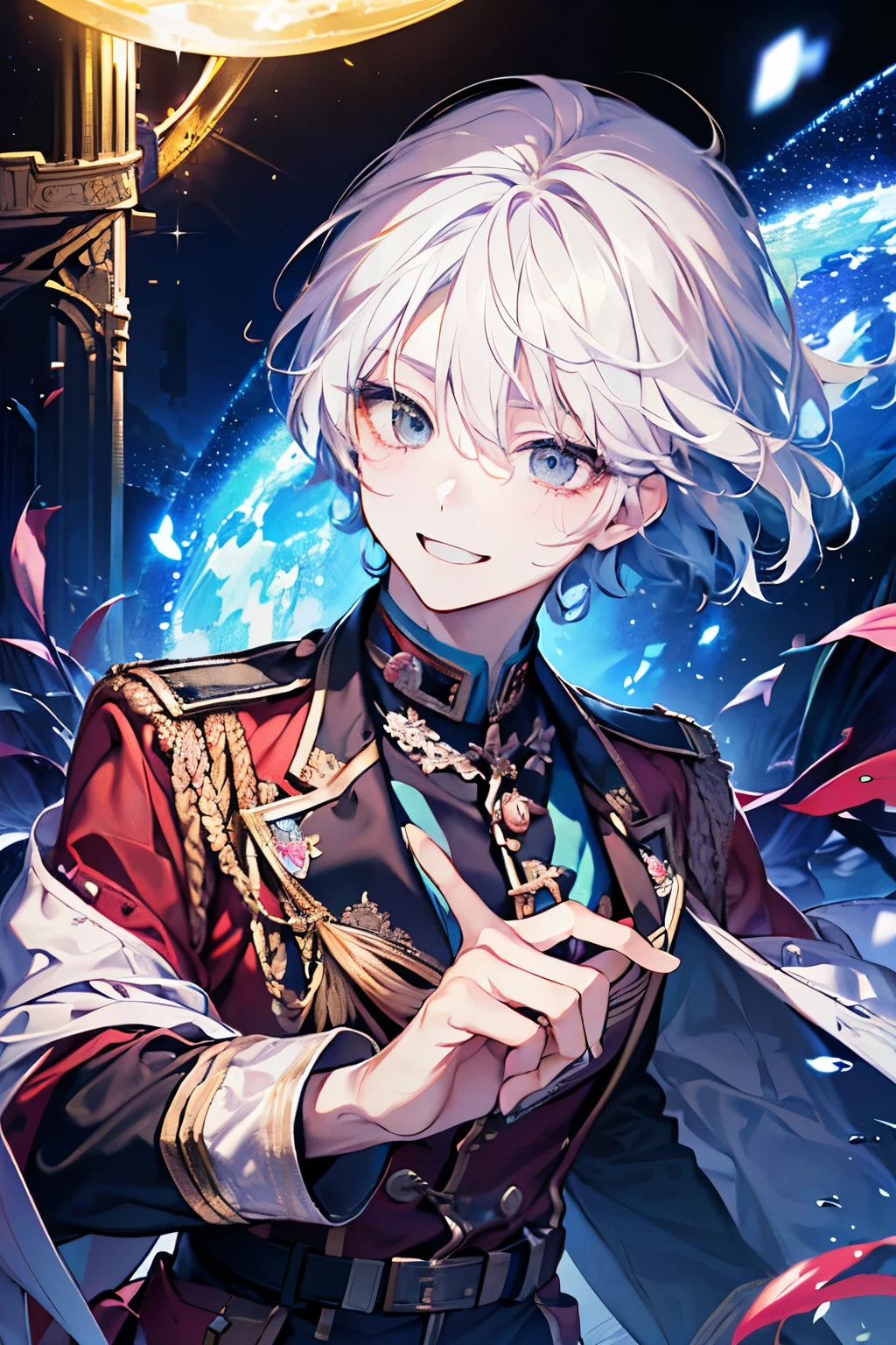 ((cute,kawaii,wonderland)),(Embarrassed、A big smile),(Lively and active:1.25),((boy,Men's,male:1.2)),((1.25)),((Army uniforms:1.25)),Angle of incitement,((Milky Way、stardust、gem)),(Short Hair:1.3),(Droopy eyes:1.2),(Canine:1.35).