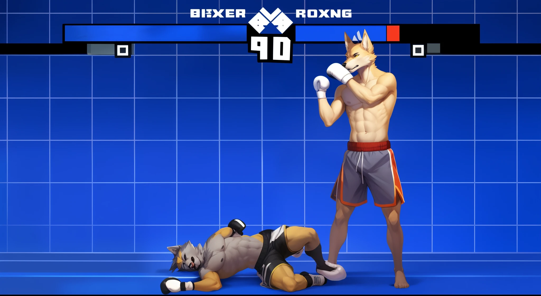 a detailed picture of a boxing match (male anthros, two boy), slim body, slim features, in a boxing ring, Ross Tran, ruan jia, trending on artstation, foxovh,User Interface of Fighting game, Crisis, assorted poses, assorted expression, full body, sound effects, motion blur, from side, ((yellow wolf, blue shorts, knocked out on the floor)), (((gray wolf, white shorts, boxing pose))) “VS”
