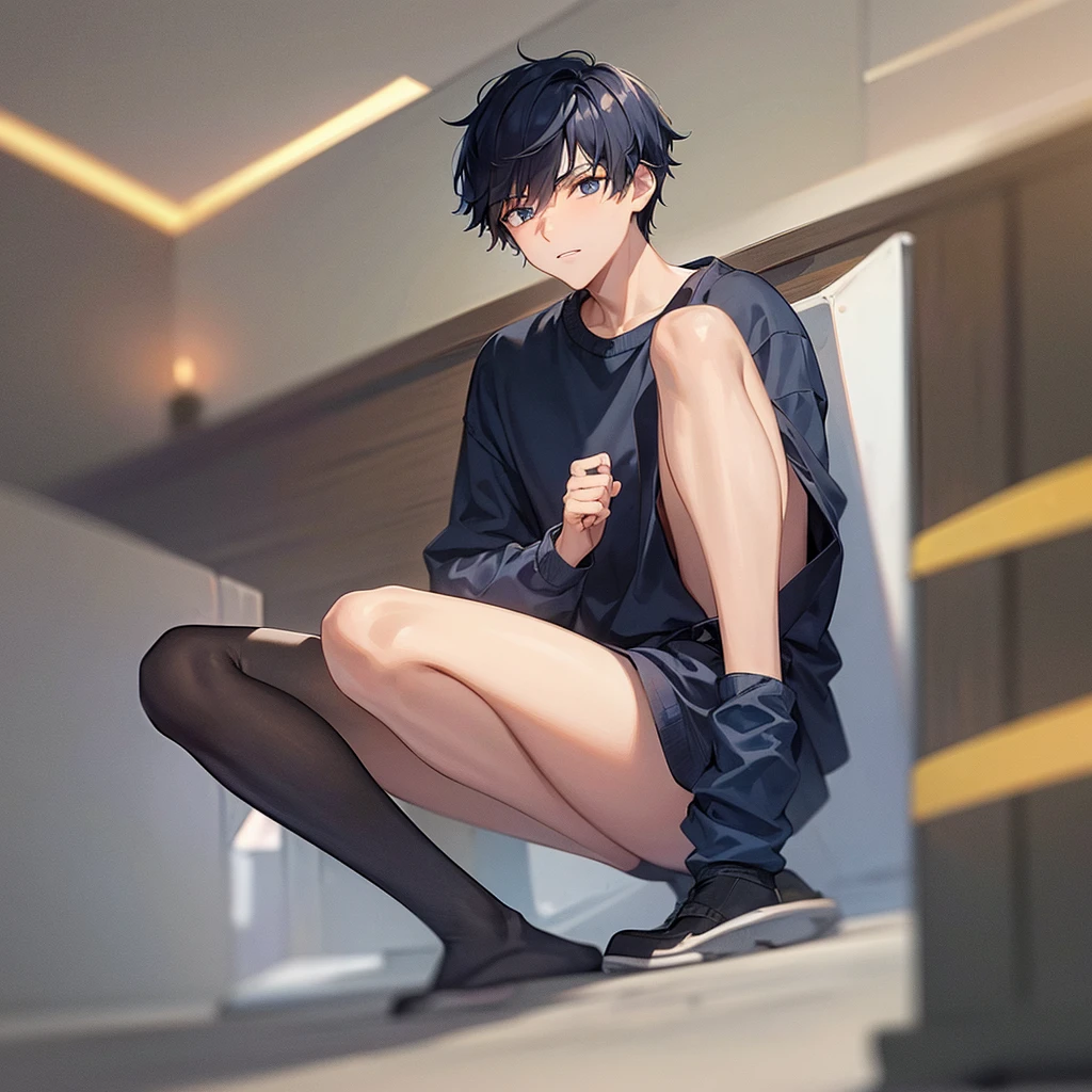A 17-year-old age boy, 165cm tall, fair skin, short navy hair, male, male, male, solo,