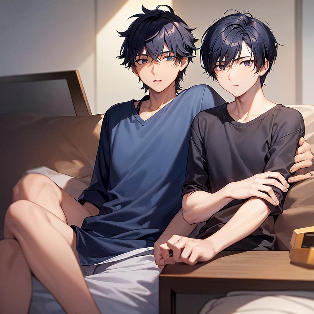 A 17-year-old teenage boy, 165cm tall, fair skin, short navy hair, male, male, male, solo, 