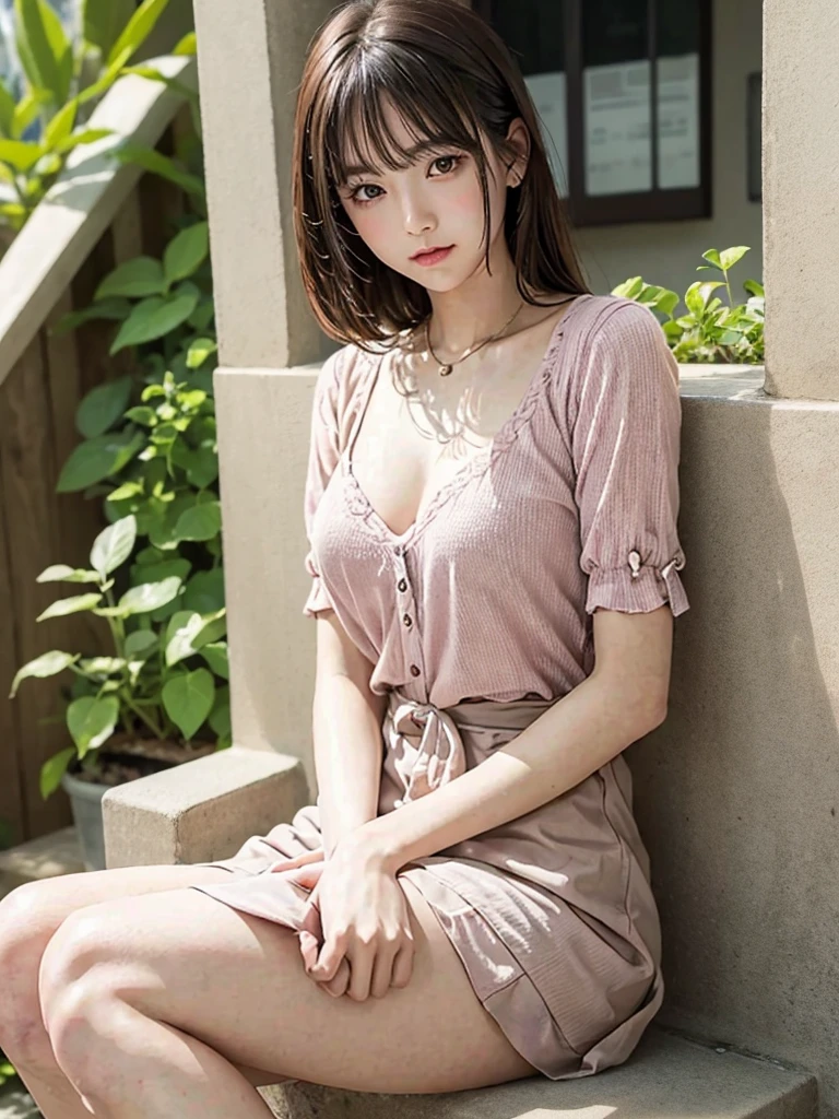 Highest quality、beautiful girl、Sitting、mile,from below