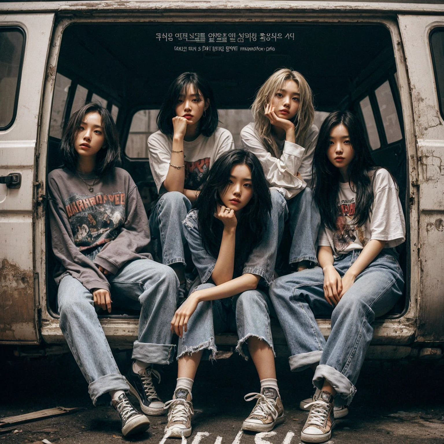 a visually striking five korean young woman member band photo in a gritty, urban setting. The band should be seated in a rugged van, evoking a raw. Emphasize a cool, laid-back attitude with casual clothing, such as graphic tees, jeans, and sneakers. Ensure the band's name, “ECHO” is prominently displayed above them in bold, distressed typography. Capture a mood that reflects the essence of early 2000s pop, combining elements of angst, realistic, masterpiece