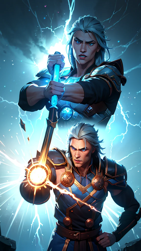 (Thor): "Generate a high-detail image of Thor, the Norse God of Thunder, with striking blue eyes that crackle with electricity. He possesses long, flowing hair that adds to his majestic appearance. His physique is extremely muscular and imposing, radiating an aura of power. His body is surrounded by swirling lightning, and he holds the mythical Mjölnir, his enchanted hammer, ready to unleash its thunderous might.", sexypirate (perfect face), (perfect eyes and lips), (perfect mascular body Armour), lightning background, photographic cinematic super super high detailed super realistic image, 4k Ultra HDR high quality image, masterpiece, , perfecteyes, ,perfecteyes,lightning farron