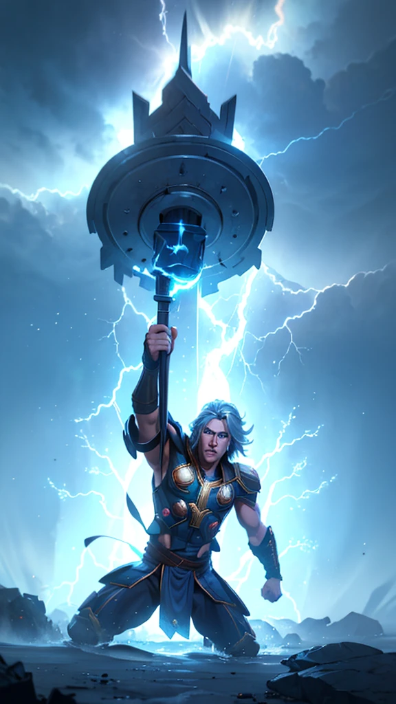 (Thor): "Generate a high-detail image of Thor, the Norse God of Thunder, with striking blue eyes that crackle with electricity. He possesses long, flowing hair that adds to his majestic appearance. His physique is extremely muscular and imposing, radiating an aura of power. His body is surrounded by swirling lightning, and he holds the mythical Mjölnir, his enchanted hammer, ready to unleash its thunderous might.", sexypirate (perfect face), (perfect eyes and lips), (perfect mascular body Armour), lightning background, photographic cinematic super super high detailed super realistic image, 4k Ultra HDR high quality image, masterpiece, , perfecteyes, ,perfecteyes,lightning farron