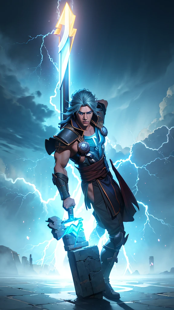 (Thor): "Generate a high-detail image of Thor, the Norse God of Thunder, with striking blue eyes that crackle with electricity. He possesses long, flowing hair that adds to his majestic appearance. His physique is extremely muscular and imposing, radiating an aura of power. His body is surrounded by swirling lightning, and he holds the mythical Mjölnir, his enchanted hammer, ready to unleash its thunderous might.", sexypirate (perfect face), (perfect eyes and lips), (perfect mascular body Armour), lightning background, photographic cinematic super super high detailed super realistic image, 4k Ultra HDR high quality image, masterpiece, , perfecteyes, ,perfecteyes,lightning farron