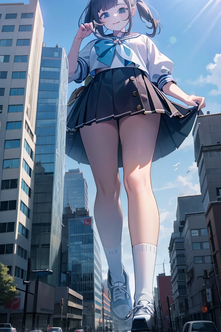 Big girl wearing sneakers,Girl taller than the building,Sailor Suit,Short skirt,White Socks,Girl raising legs high,Rubble-covered soles