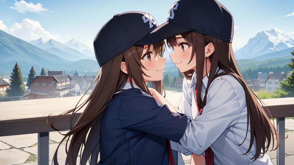 Boy with short hair and girl with long hair,Looking at each other,Embrace,smile,blue sky,high school student,Wear a baseball cap,Brown Hair,Soft Light,Brown eyes,瞳にSoft Light,cute,2 people,uniform,At the Alps stand,