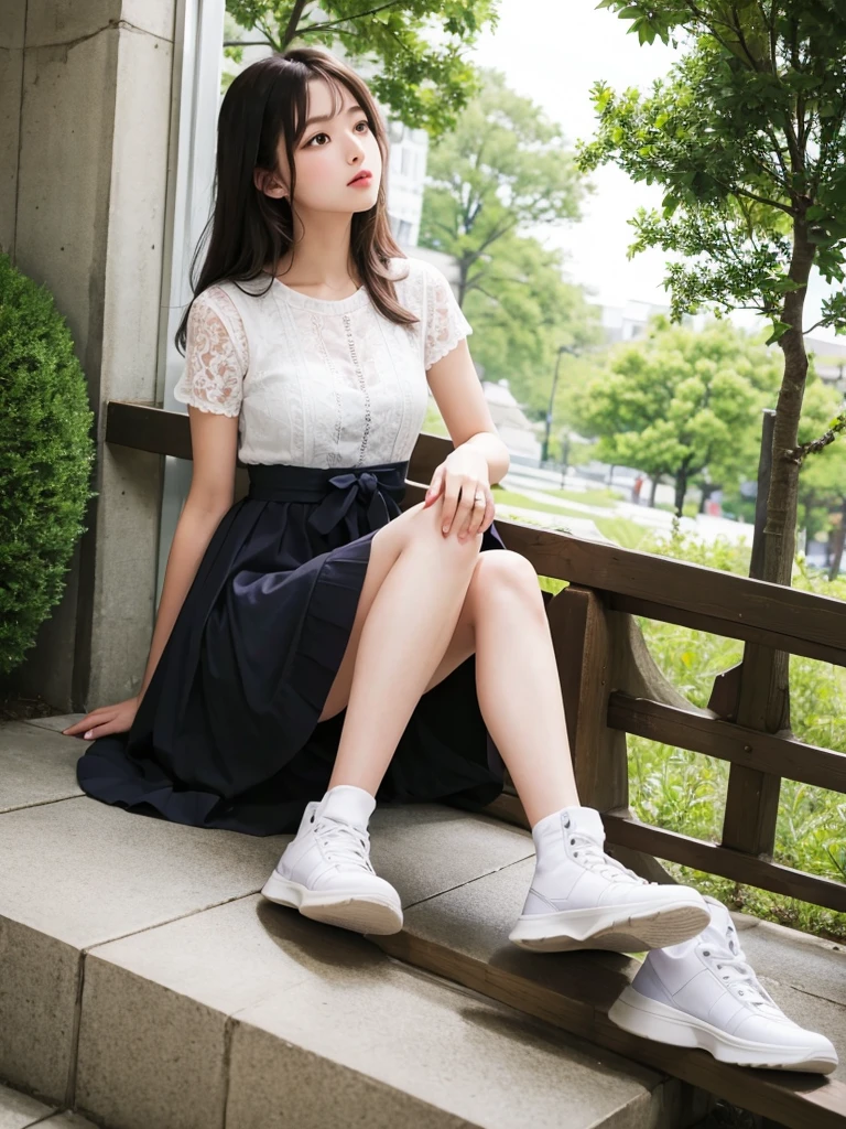 Highest quality、beautiful girl、Sitting、mile,from below