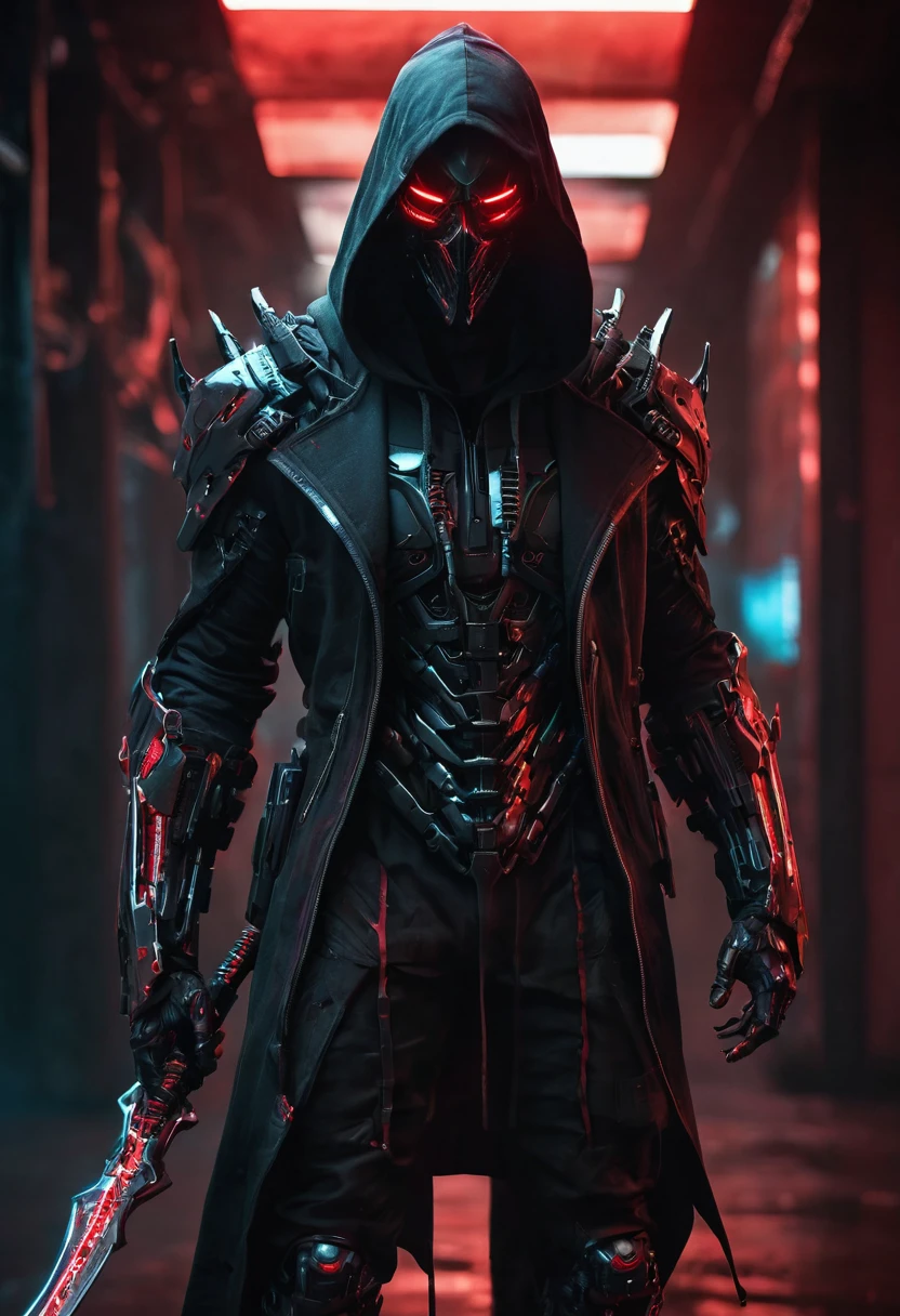 A menacing cyborg Death Reaper emerges from shadows, wear a hi tech mask, wielding dual scythes pulsing with crimson neon. Sleek black armor melds with a tattered hoodie, obscuring its face. Cinematic low-key lighting accentuates sharp edges and ominous silhouette. Hyper-detailed textures reveal intricate circuitry and battle scars. Dramatic composition emphasizes the figure's imposing presence. Color palette contrasts deep blacks with vibrant reds and cool blues. Rendered in ultra-high 8K resolution, capturing every eerie detail.