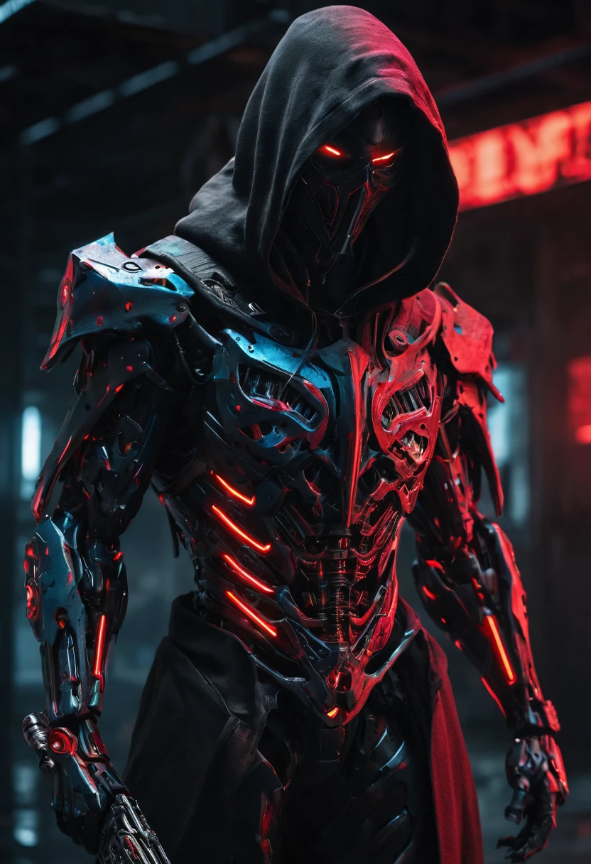 A menacing cyborg Death Reaper emerges from shadows, wear a hi tech mask, wielding dual scythes pulsing with crimson neon. Sleek black armor melds with a tattered hoodie, obscuring its face. Cinematic low-key lighting accentuates sharp edges and ominous silhouette. Hyper-detailed textures reveal intricate circuitry and battle scars. Dramatic composition emphasizes the figure's imposing presence. Color palette contrasts deep blacks with vibrant reds and cool blues. Rendered in ultra-high 8K resolution, capturing every eerie detail.